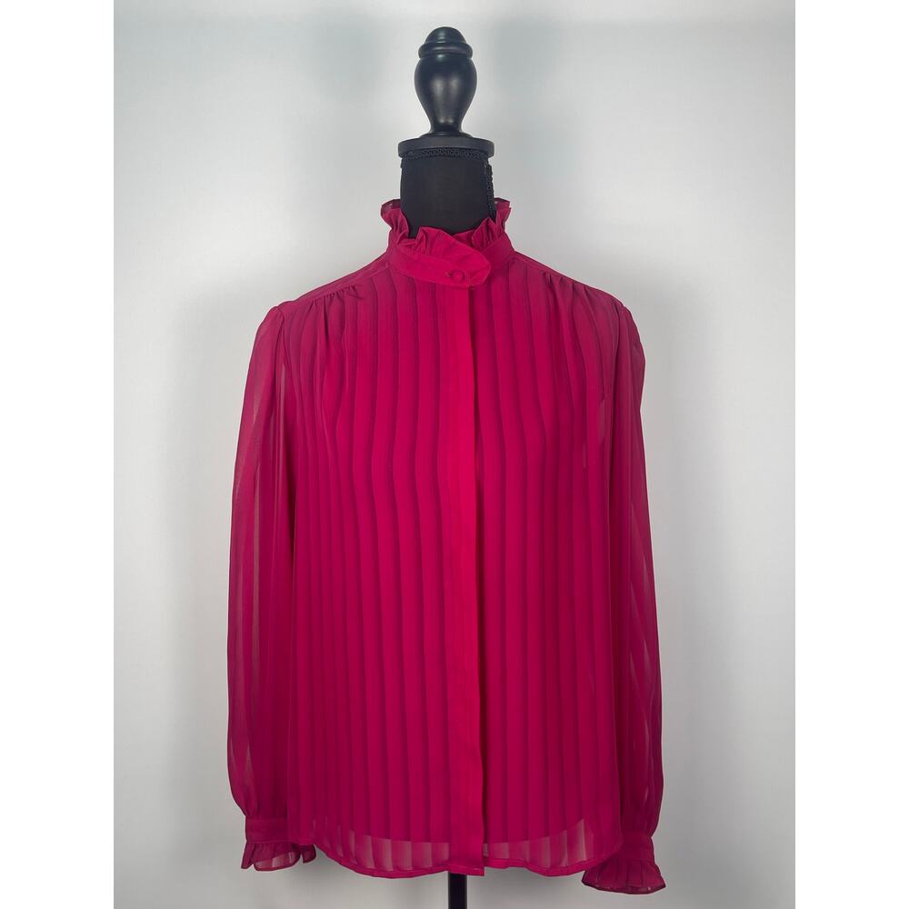 Vintage 1980s David Matthew Sheer Fuchsia Ruffle Blouse Striped High Neck Sz 10 - Picture 3 of 8